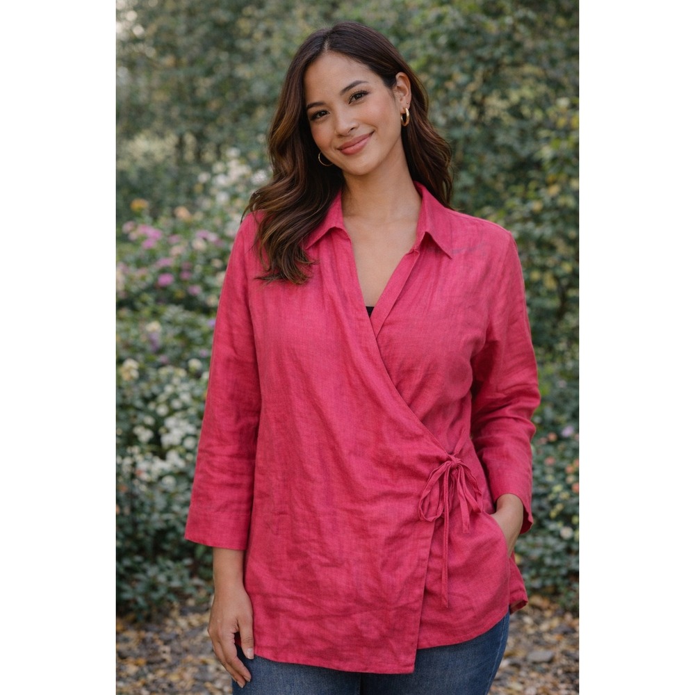 Valerie Stevens Wrap Top 100% Linen Coral 3/4 Sleeve‎ Shirt PL (D680)